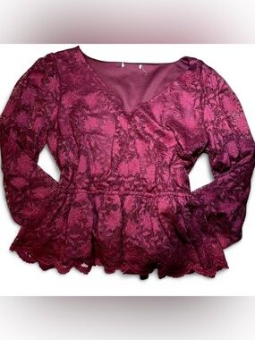 Red/burgundy v-neck long-sleeve lace blouse flair waist